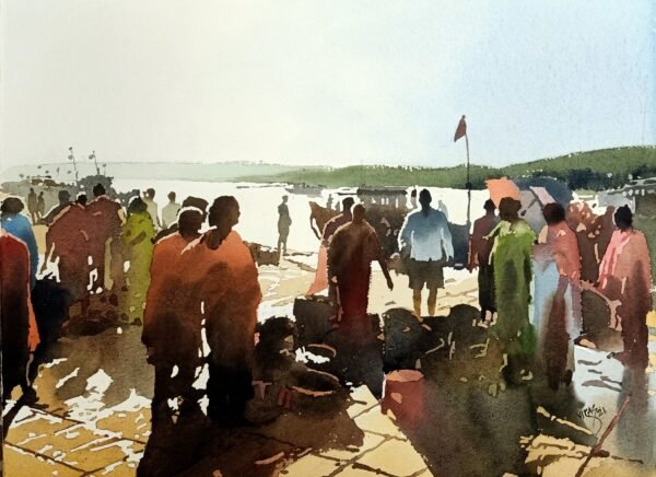 Vikas V. Patnekar / Auction at the wharf / Size 22 x 15 inches / Watercolour on D'Arches Paper