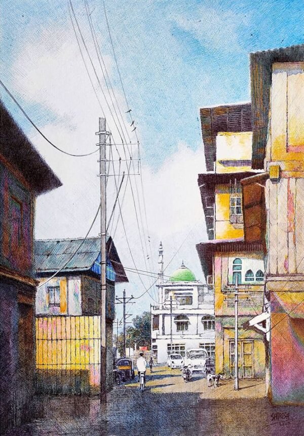 Shirish Deshpande / Somewhere in Mumbai / Size 14 x 20 inches / Ballpoint pens on Handmade paper