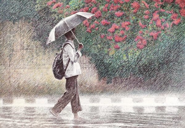 Shirish Deshpande / Monsoon / Size 14 x 20 inches / Ballpoint pens on Handmade paper