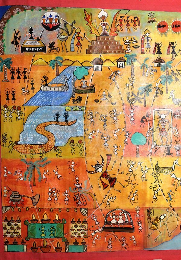 Madhusudhan Mahale / The Ramayana – A Warli Chronicle / Size 40*85 Inch / Acrylic on Canvas