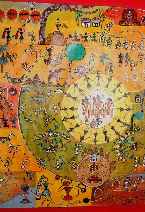 Madhusudhan Mahale / The Ramayana – A Warli Chronicle / Size 40*85 Inch / Acrylic on Canvas
