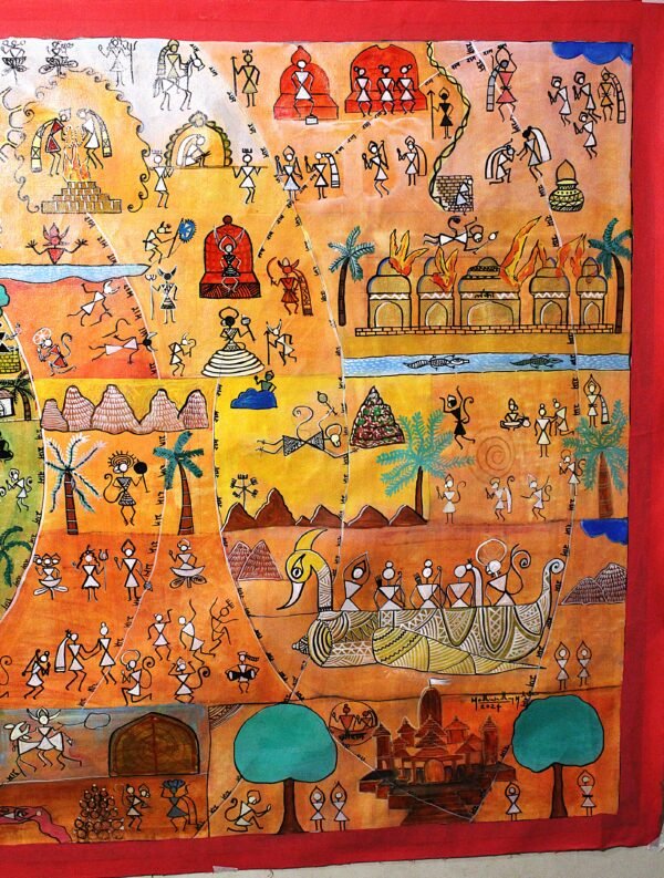 Madhusudhan Mahale / The Ramayana – A Warli Chronicle / Size 40*85 Inch / Acrylic on Canvas
